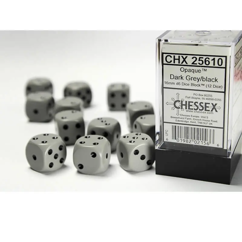 16Mm D6 Opaque Grey/Black Dice (12) Chx25610 1