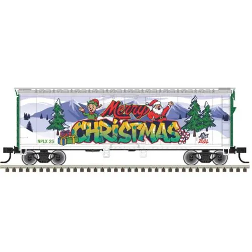 40' Plug-Door Boxcar - Ready To Run - Trainman(R) -- Merry Christmas Nplx #25 (White, Green, Red; Elf & Santa Waving Graphics) 1