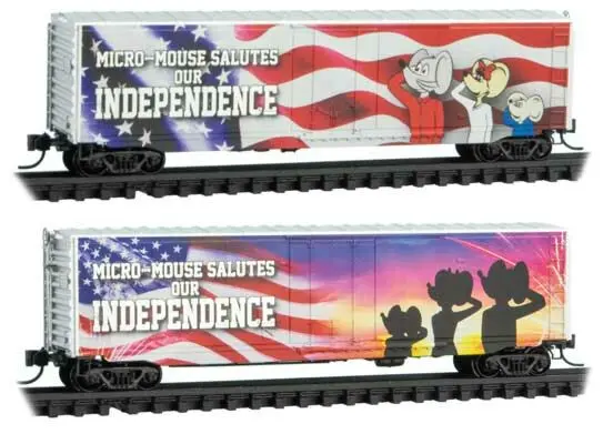 50' Plug-Door Boxcar - Ready To Run -- Micro Mouse Independence Day (White, Red, Blue) 1