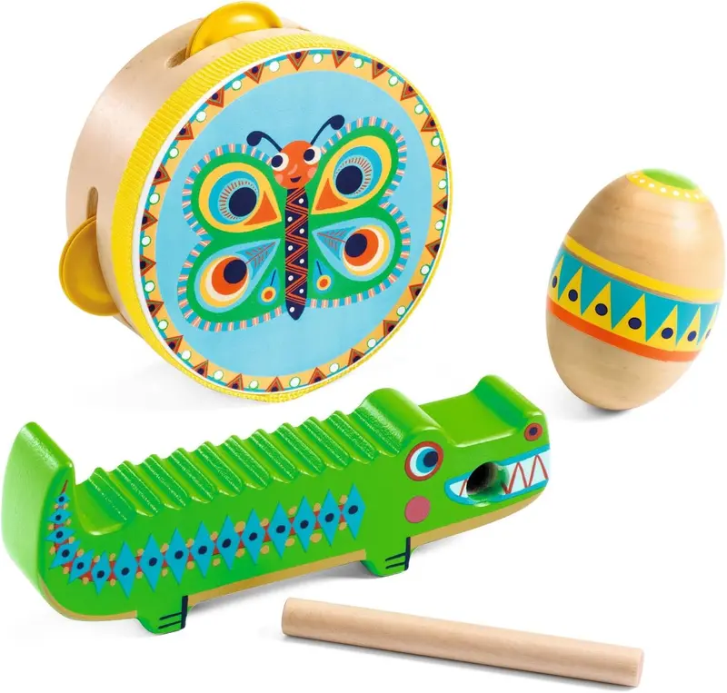 Animambo Tambourine, Maracas, Guiro Musical Instrument Set 1