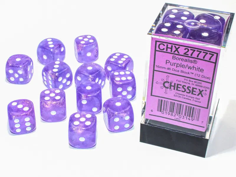 Borealis Purple/ White Luminary 16Mm D6 Dice Set (12) Chx27777 1