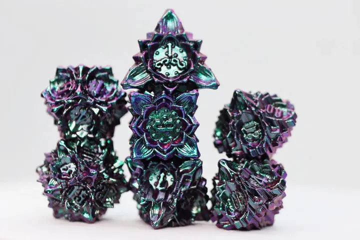 Floral Starburst: Mystic Marigold Metal Polyhedral Dice Set (7) 1