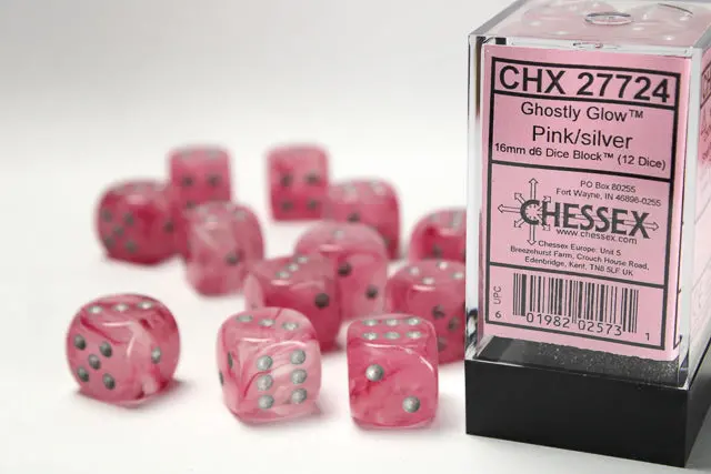 Ghostly Glow Pink/Silver 16Mm D6 Dice Set (12) Chx27724 1
