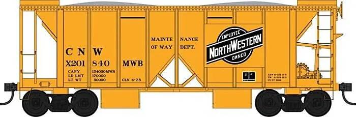 Ho Scale - 70-Ton 2-Bay Ballast Hopper With Side Chutes - Ready To Run - Chicago & Northwestern X201840 - Mow Yellow, Large Logo Panel - 1