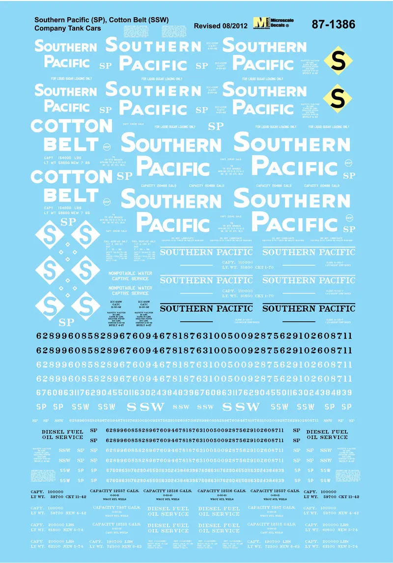 Southern Pacific, Cotton Belt Company-Owned Tank Cars Ho Decal Set 1
